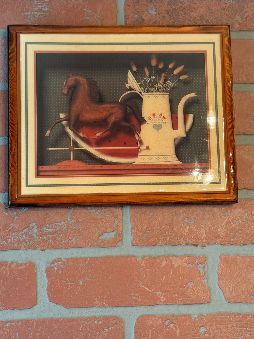 Vintage Country Folk Art Framed 3D Print with Wooden Horse, Watermelon, Pitcher